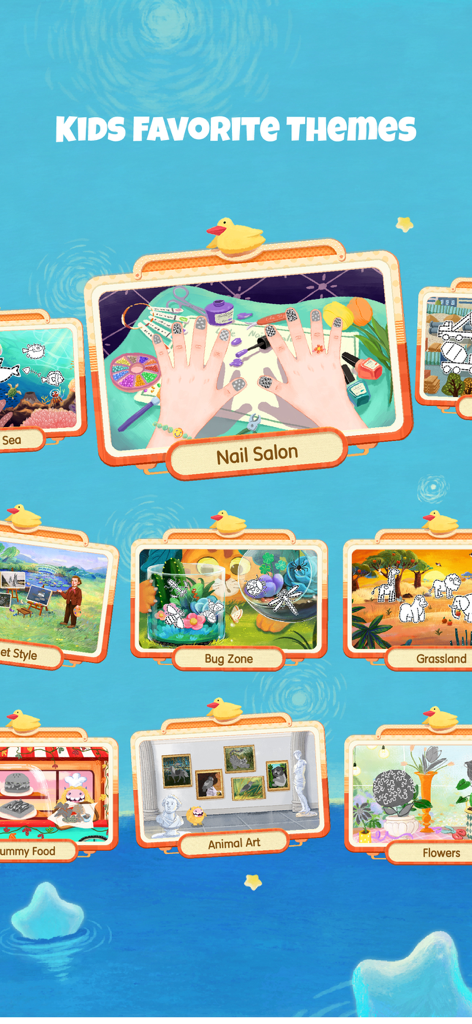 bekids Princess Coloring Book - Screenshot of the bekids coloring app displaying various favorite themes for kids including Nail Salon and Bug Zone.