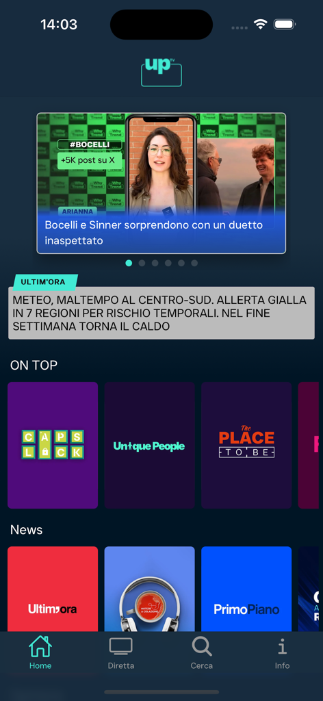UpTv - Startbildschirm der UpTv-Mobil-App, der italienische Nachrichten- und Lifestyle-Videokategorien anzeigt