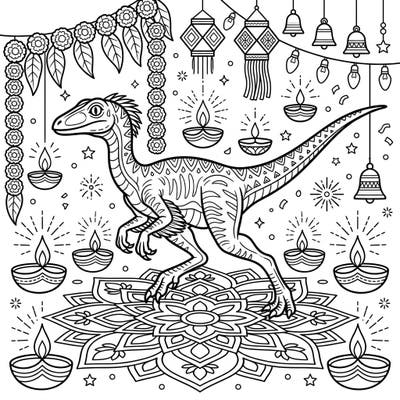 Celebrate the Festival of Lights with a prehistoric twist! This captivating coloring page features a lively Compsognathus dinosaur amidst a festive Diwali scene, complete with glowing diyas and intricate rangoli designs.