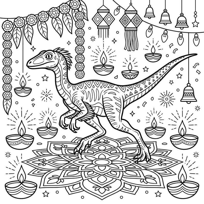 Celebrate the Festival of Lights with a prehistoric twist! This captivating coloring page features a lively Compsognathus dinosaur amidst a festive Diwali scene, complete with glowing diyas and intricate rangoli designs.