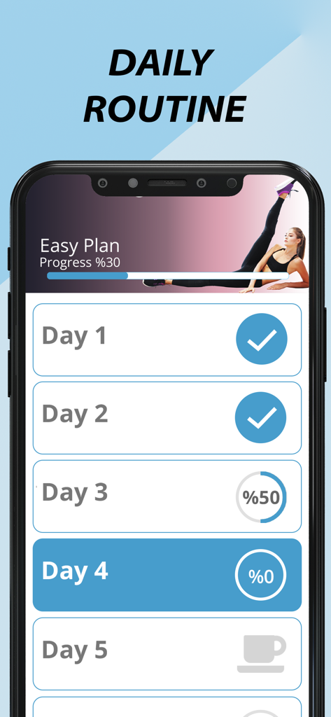 Stretching & Flexibility - Smartphone screen displaying a daily stretching routine plan with checkmarks and progress percentages for each day