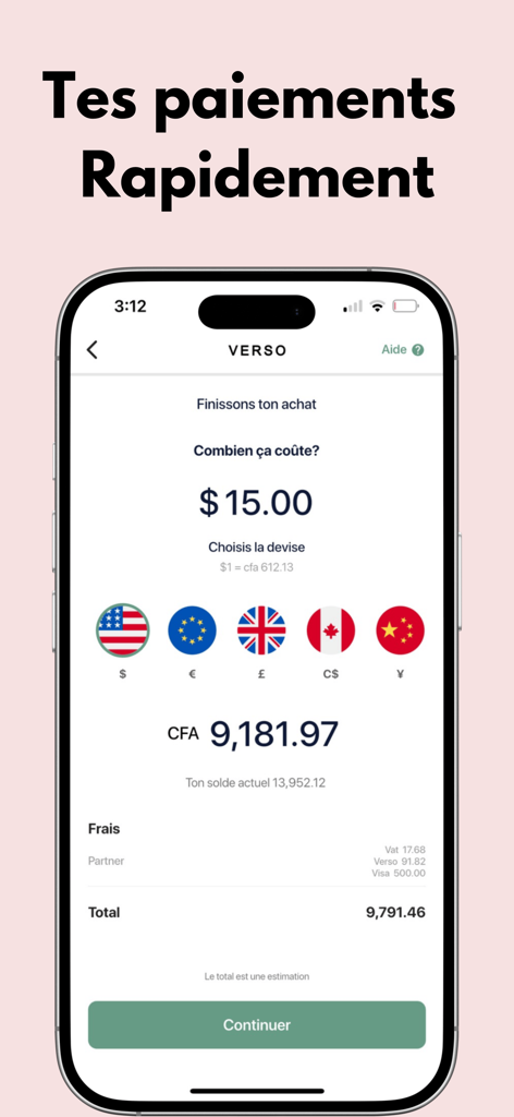 Verso App - Verso app payment screen showing currency conversion from USD to CFA for international transfers.
