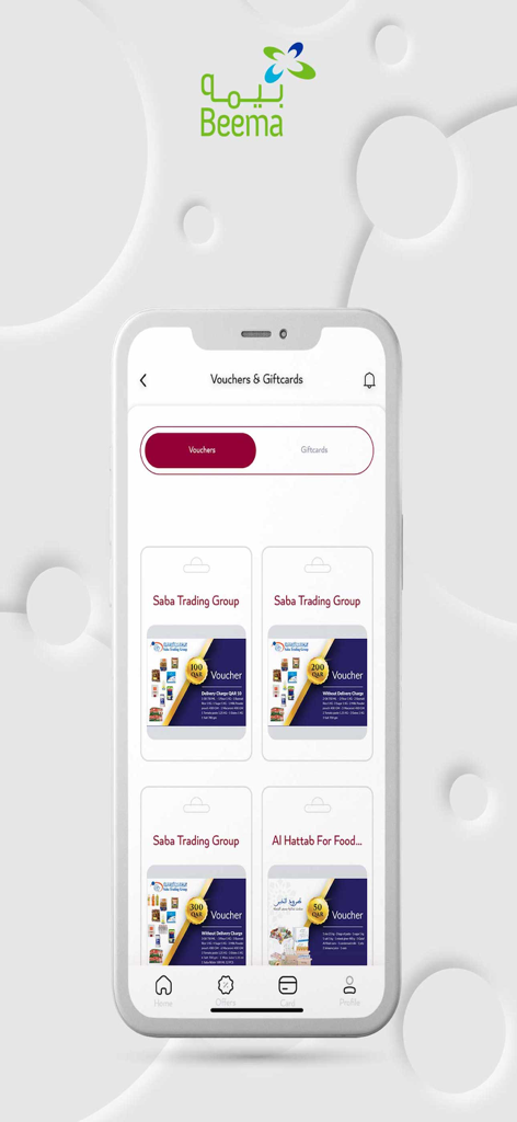 Beema - Mobile screen of Beema app displaying available shopping vouchers and gift cards