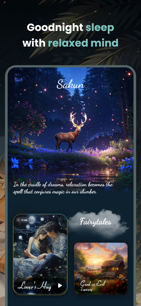 Sakun: Sleep Realms & Calm - Interfaccia dell'app Sakun per dormire che mostra una foresta magica con un cervo luminoso e fiabe fantasy