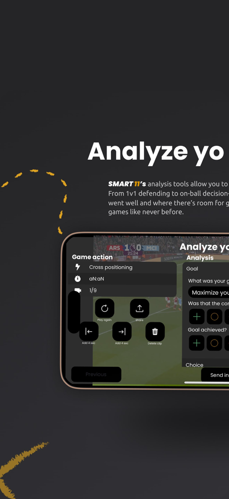 Smart11 - Pantalla de la aplicación móvil Smart11 que muestra análisis de vídeo de partidos de fútbol y recorte de acciones tácticas