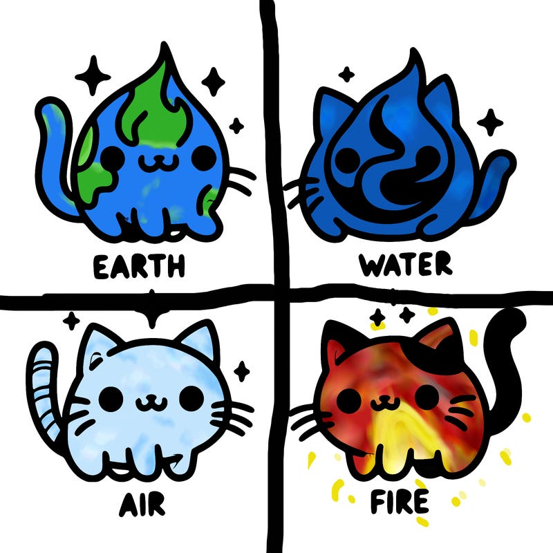 4 cats that represent the different elements, earth, water, air, and fire