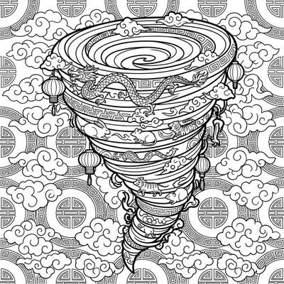 Experience the power and beauty of a unique blend with our Lunar New Year Tornado coloring page. This intricate design features majestic dragons, charming zodiac animals, and traditional lanterns swirling within a dynamic vortex, ready for your creative touch.