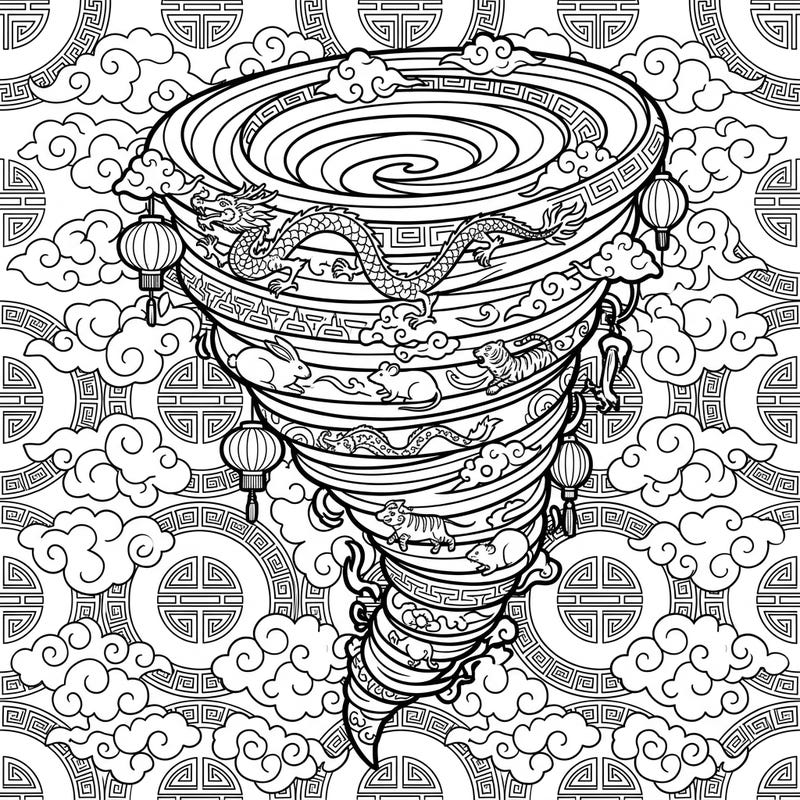 Experience the power and beauty of a unique blend with our Lunar New Year Tornado coloring page. This intricate design features majestic dragons, charming zodiac animals, and traditional lanterns swirling within a dynamic vortex, ready for your creative touch.