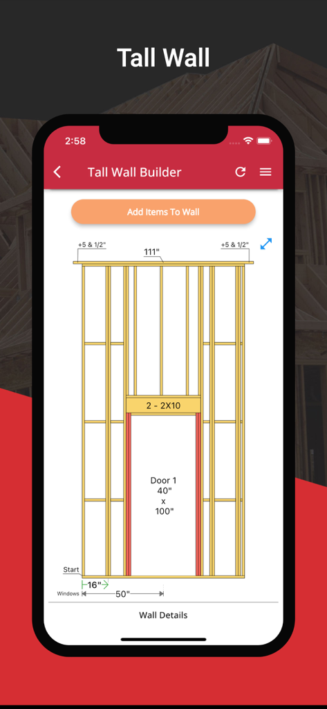Schema tecnico di telaio di un muro alto con apertura per porta nell'app RedX Walls