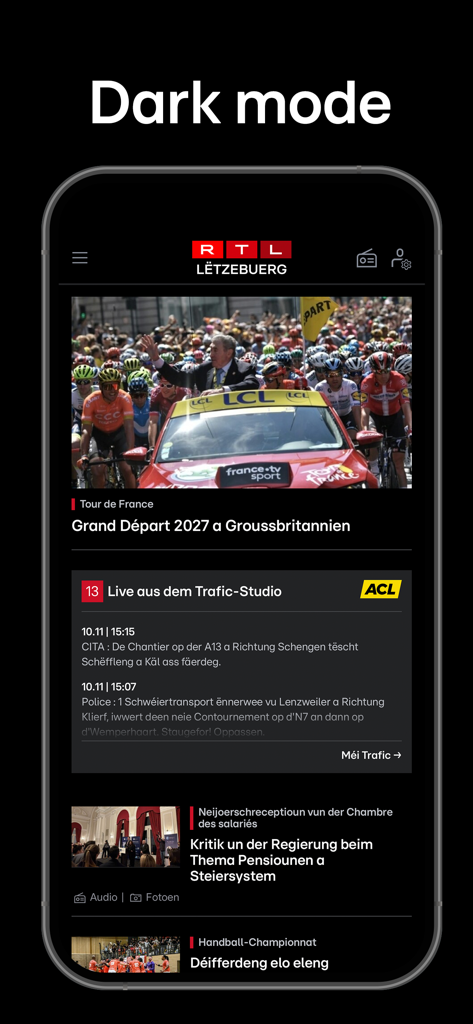 RTL.lu - RTL.lu mobile app interface in dark mode showing news articles and traffic info