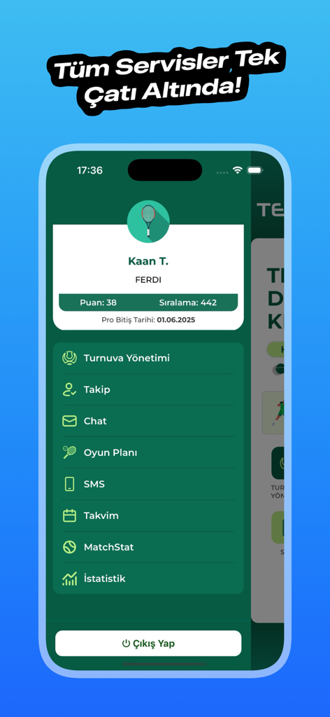 Tennos - Tableau de bord du profil joueur de l'application mobile Tennos montrant les statistiques de tennis et le menu des tournois