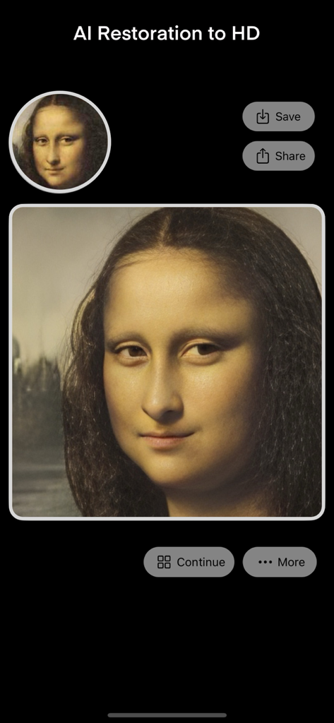 AI Face Magic - Your Bald Head - AI Face Magic app interface showing a high definition restoration of the Mona Lisa portrait with save and share options