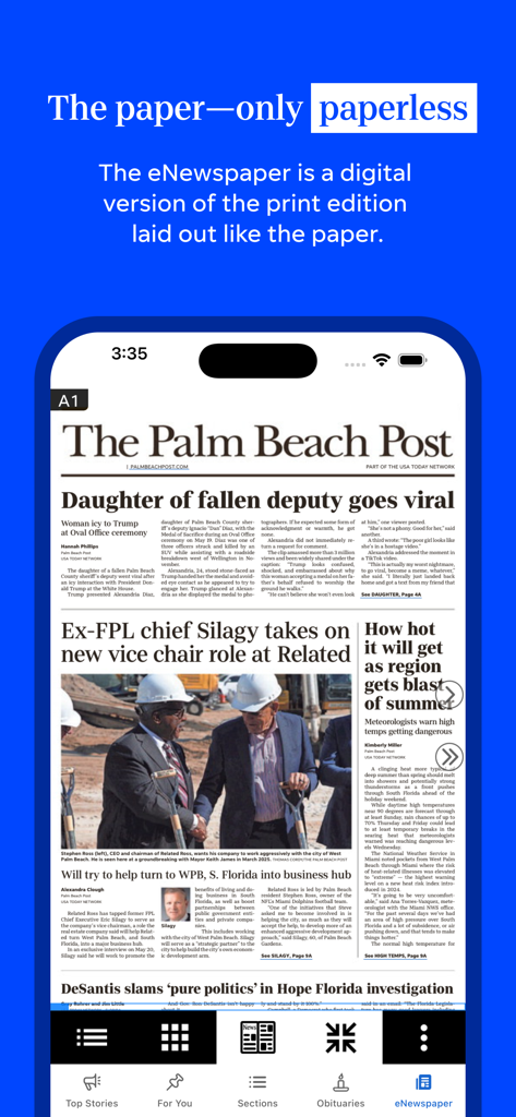 A mobile interface of the Palm Beach Post app displaying the digital eNewspaper replica of the local print edition.