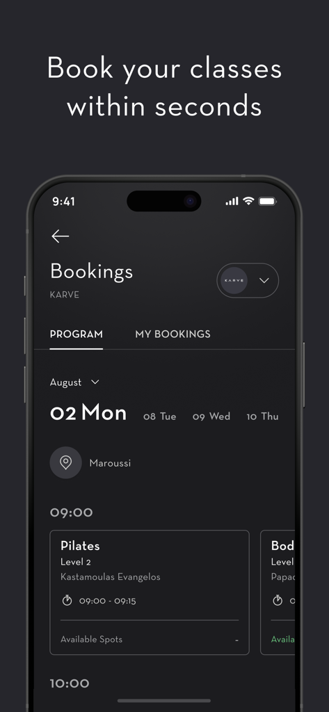Interfaz de la aplicación móvil Holmes Place Group para reservar una clase de Pilates