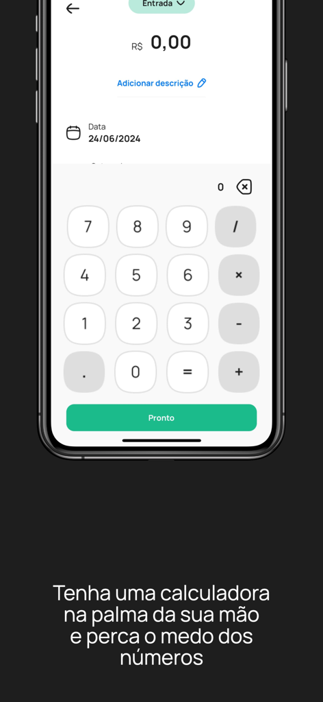 Planeo - Un clavier numérique épuré et un écran de calculatrice dans l'application de finance Planeo.
