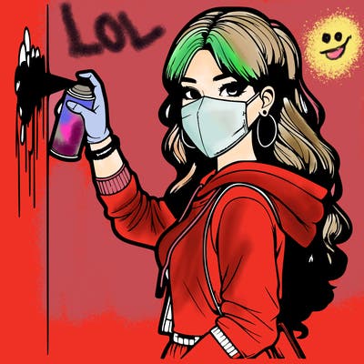 realistic girl with mask spray painting a wall