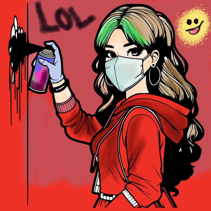 realistic girl with mask spray painting a wall