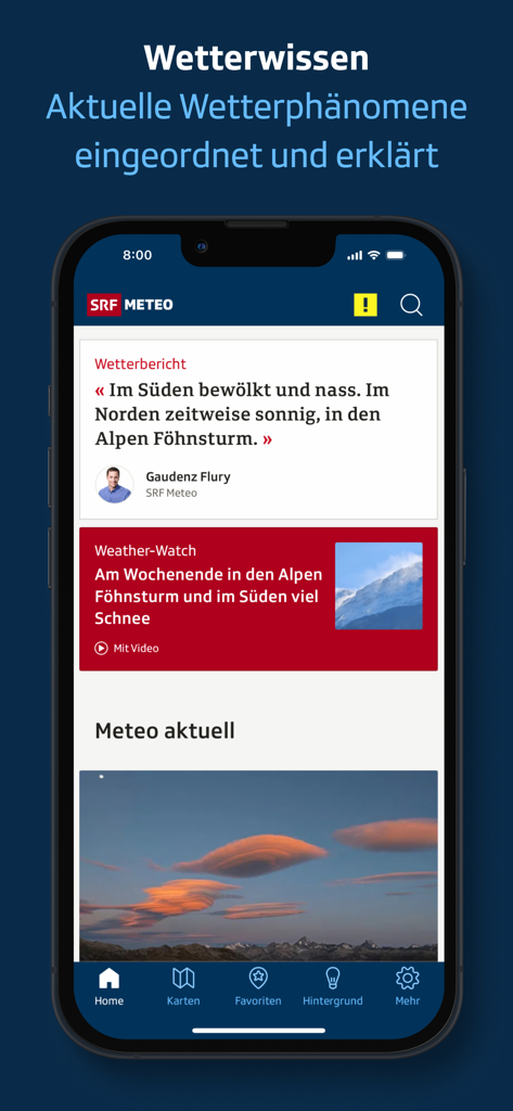 Mobile screenshot of SRF Meteo app showing expert weather reports and analysis for the Swiss Alps