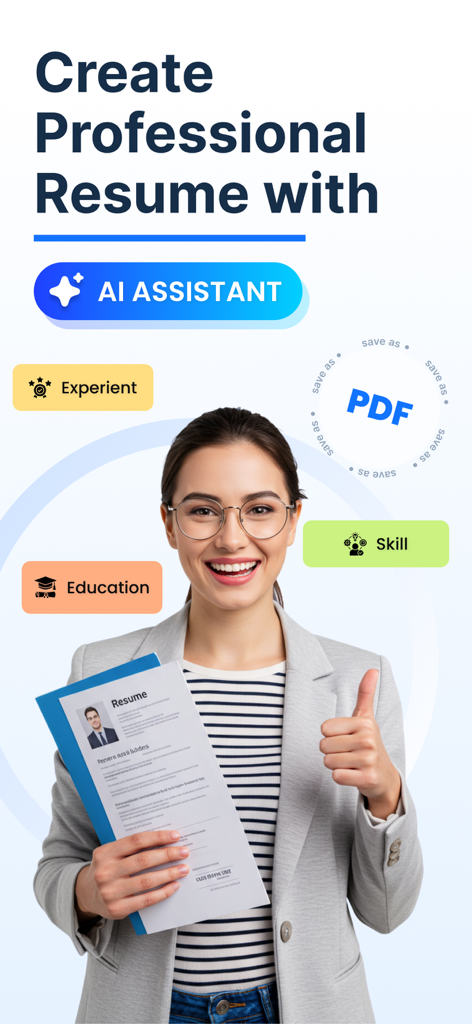 WeBuildCV: Resume Maker PDF AI - Uma mulher sorridente segurando um currículo profissional criado com um assistente de IA