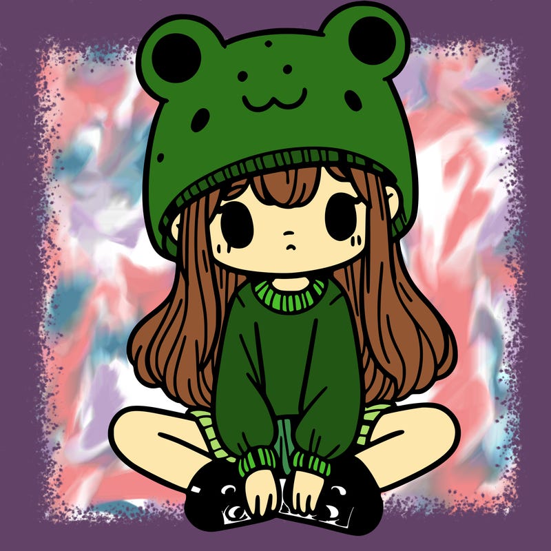 a girl wearing a frog hat and some frog socks