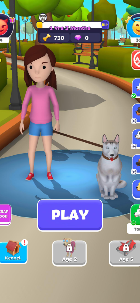 Dog Life Simulator ! - Une jeune fille tenant un husky en laisse dans un parc, issu du jeu mobile Simulateur de Vie de Chien.