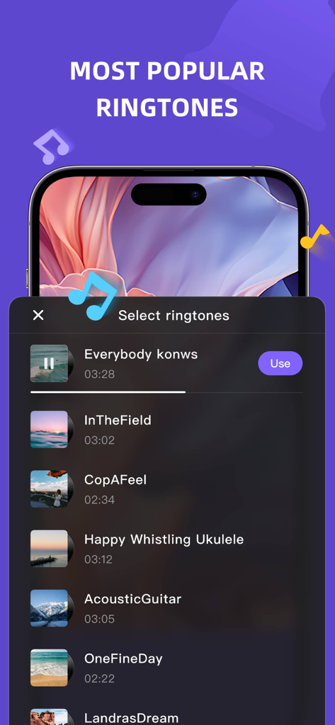 ZEGE Ringtones And Wallpaper ™ - A list of popular ringtones available for selection in the ZEGE app
