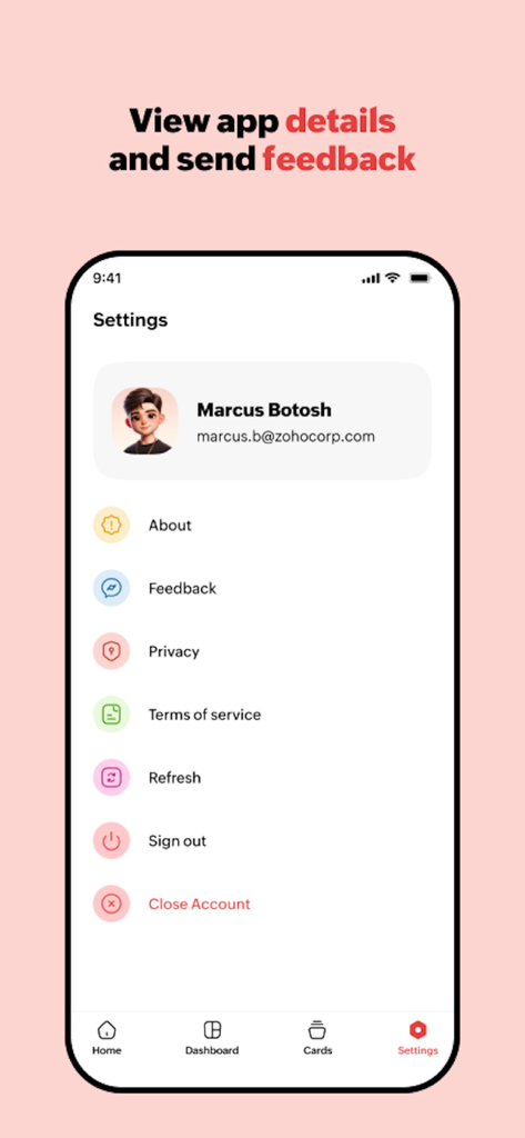 Zoho Workplace - Pantalla de configuración de la aplicación Zoho Workplace que muestra el perfil del usuario y las opciones de comentarios