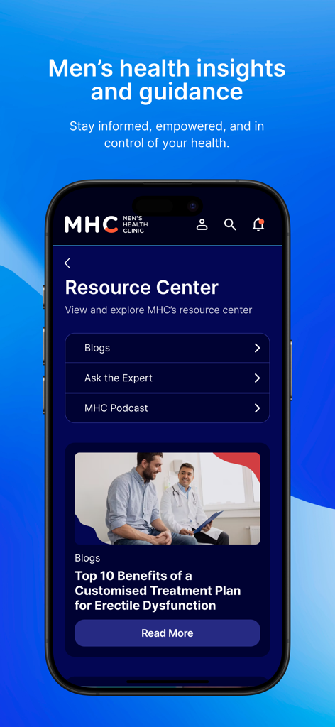 Interfaz del Centro de Recursos de la aplicación Men's Health Clinic que muestra blogs de salud y consejos de expertos.