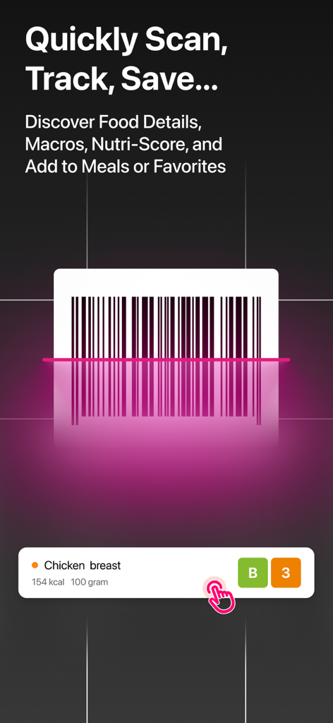 Calorie Counter - FitCounter - Scanner di codici a barre FitCounter che visualizza le valutazioni Nutri-Score e NOVA per il petto di pollo scansionato.