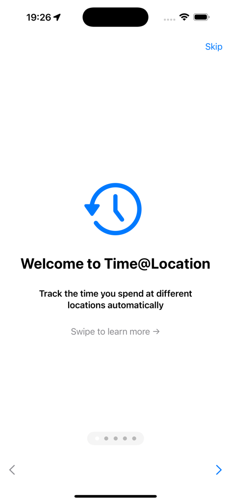 Welcome screen of the Time@Location app introducing automatic location-based time tracking.