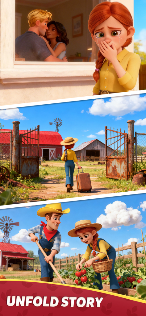 Family Farm Match - A collage of three scenes depicting a girl's emotional journey from heartbreak to a happy life farming and harvesting tomatoes.