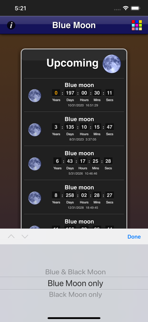 A list of upcoming blue moon dates and countdown timers displayed within the Blue Moon App interface.