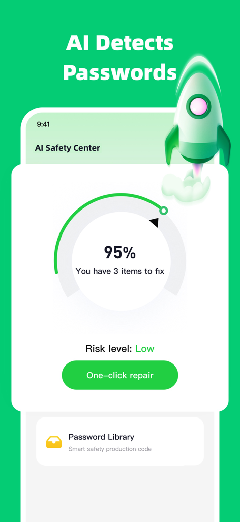 Password Vault - Manager - A smartphone interface displaying an AI Safety Center with a security gauge at ninety five percent and a one click repair button