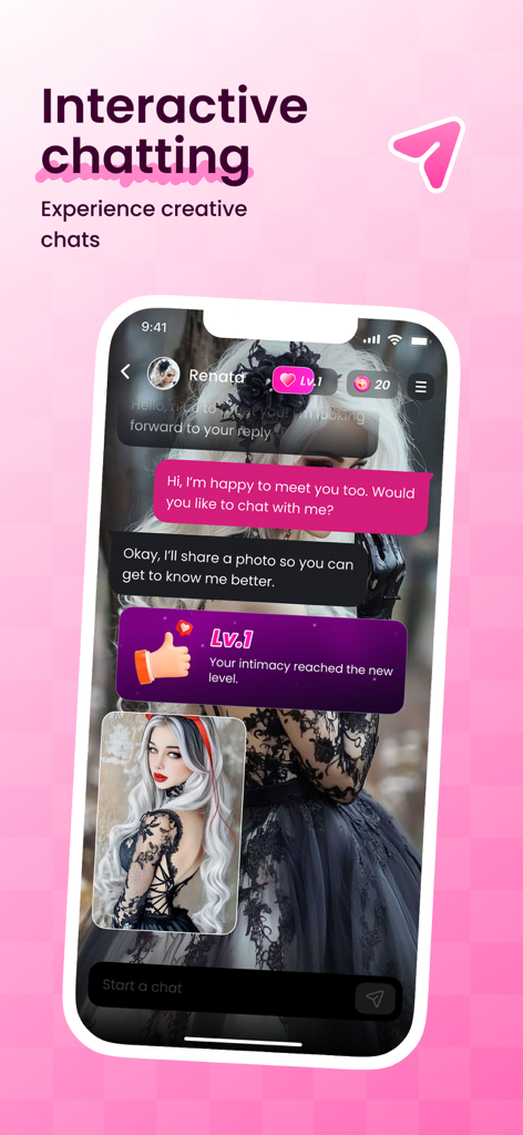 A mobile phone screen displaying an interactive chat with an AI companion named Renata in the SnapMate.Ai app showing intimacy level progress and shared photos.