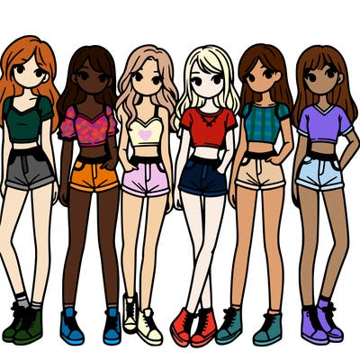 a group of girls wearing crop tops and shorts