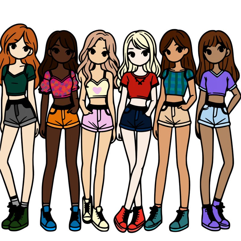 a group of girls wearing crop tops and shorts