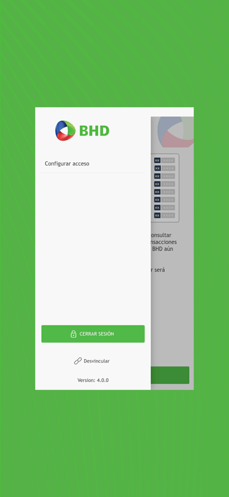 Tarjeta de Claves Digital BHD - BHD digital key app configuration screen showing logout and unlink account options