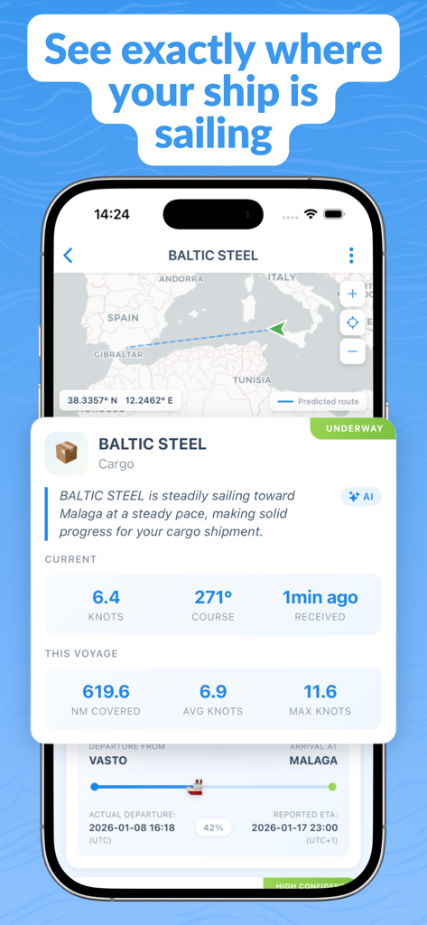 Primo Nautic vessel finder app showing real-time ship tracking and nautical route information