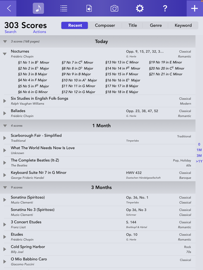 Digital sheet music library in the KeyScore iPad app showing a list of organized music scores by composer and title.