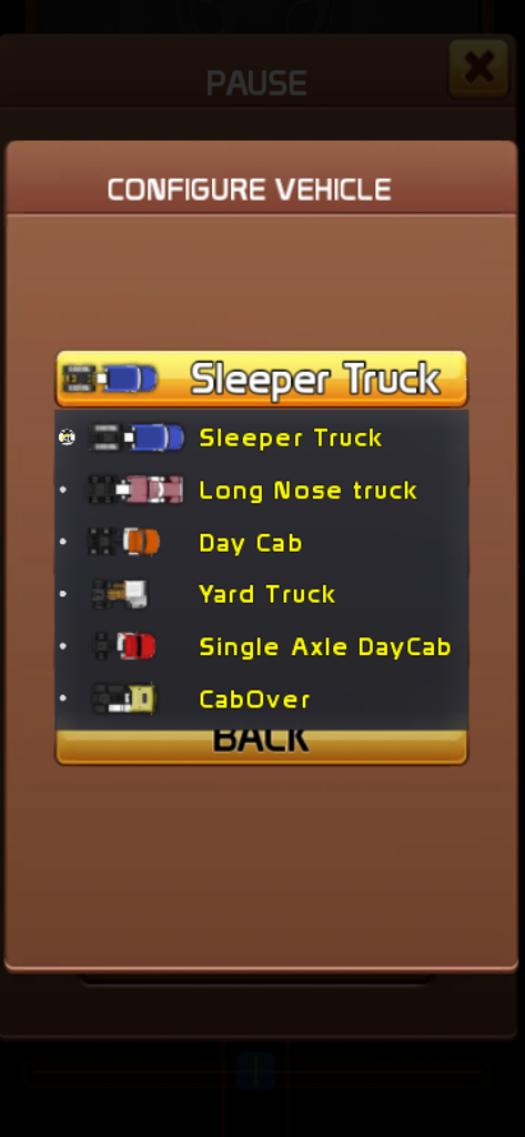 My U.S. Trucking Skills - A menu screen titled Configure Vehicle showing a list of truck types including Sleeper Truck and Long Nose truck