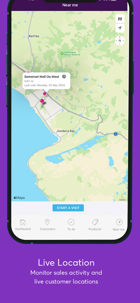 Skynamo - Interfaz de la aplicación móvil Skynamo que muestra un mapa con ubicaciones de clientes y un botón para iniciar una visita para los representantes de ventas de campo