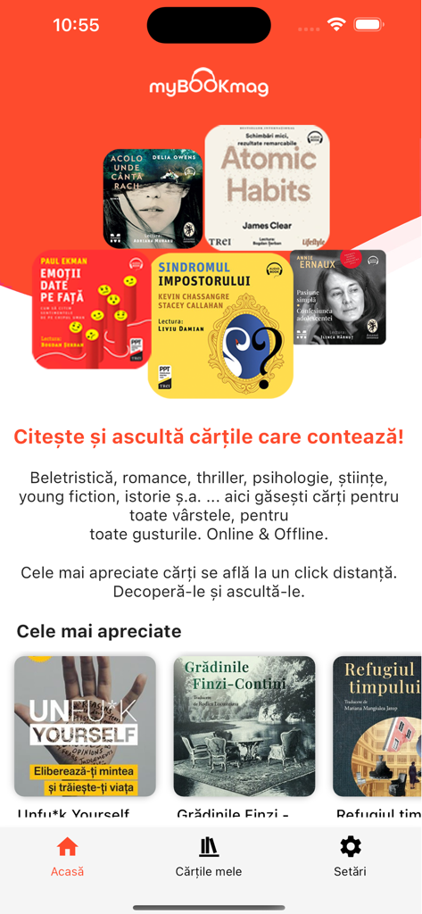 Interfaz de la aplicación MyBookMag que muestra libros y audiolibros rumanos populares
