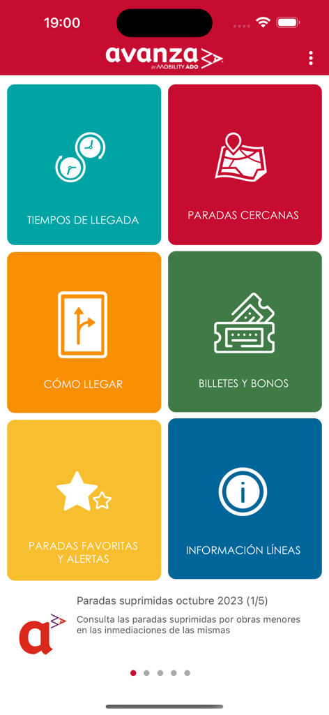 Pantalla principal de la app Autobuses Urbanos de Zaragoza mostrando botones de navegación coloridos para horarios de llegada y paradas cercanas