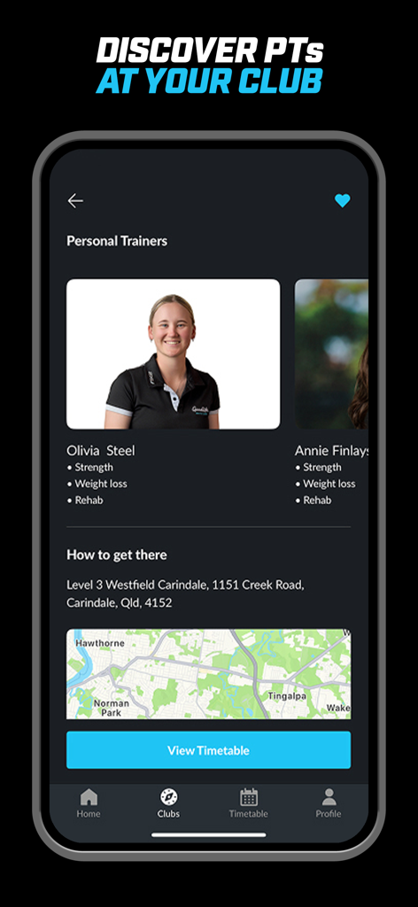Una pantalla de aplicación móvil que muestra perfiles de entrenadores personales y un mapa de la ubicación del gimnasio para Goodlife Health Clubs AU.