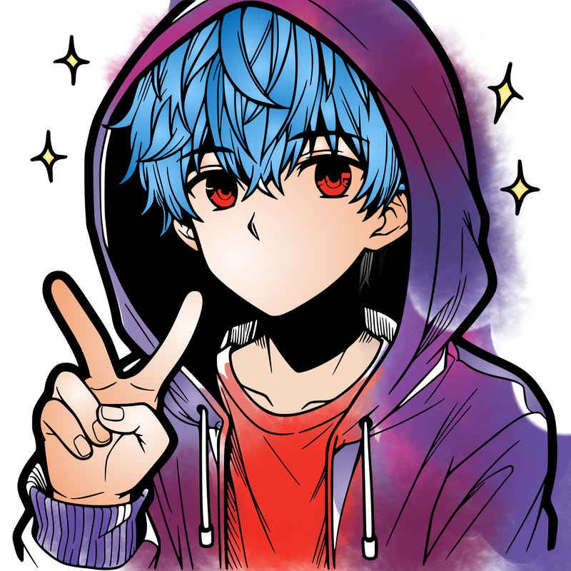 teenage manga boy in a hoodie, doing ✌