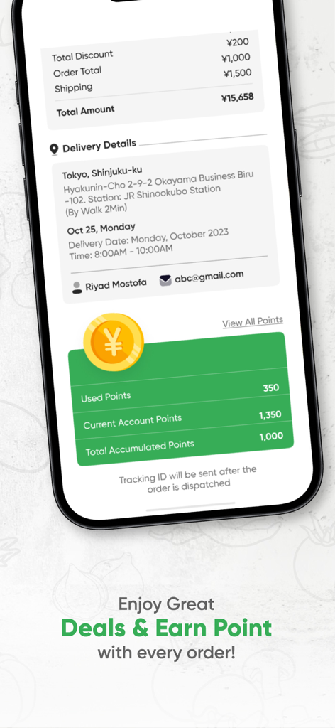 Shinjuku Halal Food - 新宿ハラルフードアプリの注文概要と報酬ポイントインターフェース。