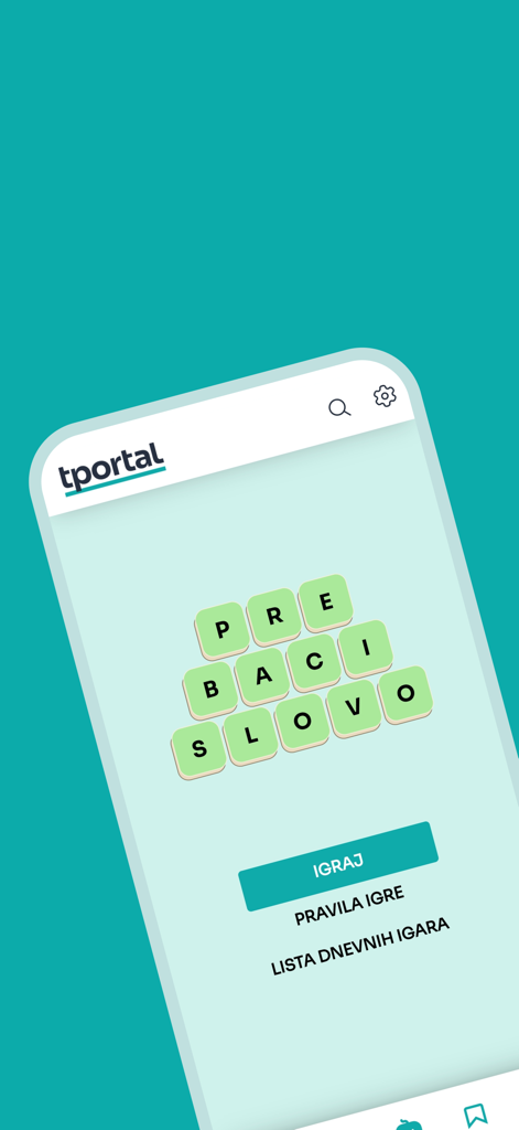 tportal - tportal Mobile App-Oberfläche, die ein integriertes Worträtselspiel namens Prebaci Slovo mit einer Wiedergabetaste zeigt