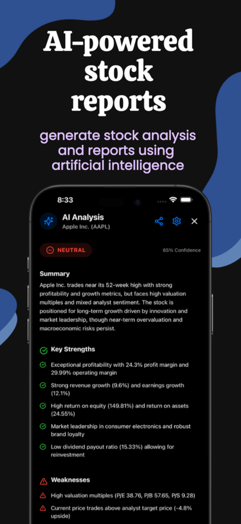 Stock Market - AI Insights - A mobile screen showing an AI-powered stock analysis report for Apple with key strengths and weaknesses