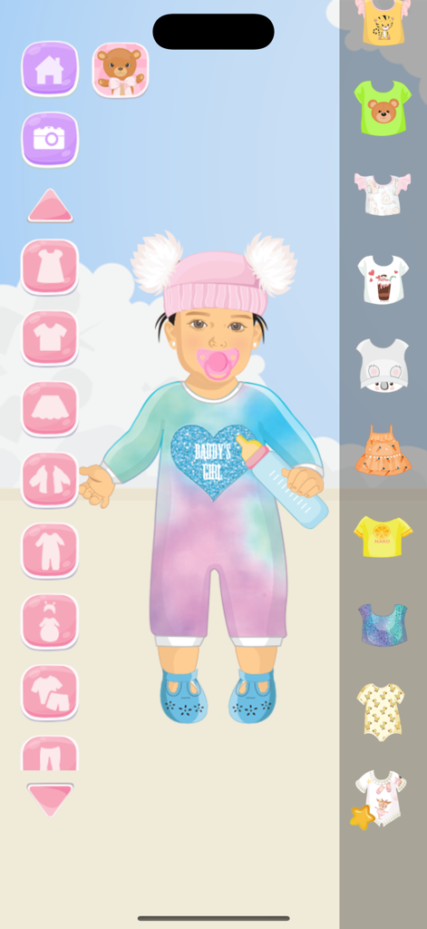 Fashion Baby: Dress Up Game - ドレスアップゲームで、ピンクのビーニーとタイダイのロンパース、ベビーボトルを着たかわいいベビーキャラクター