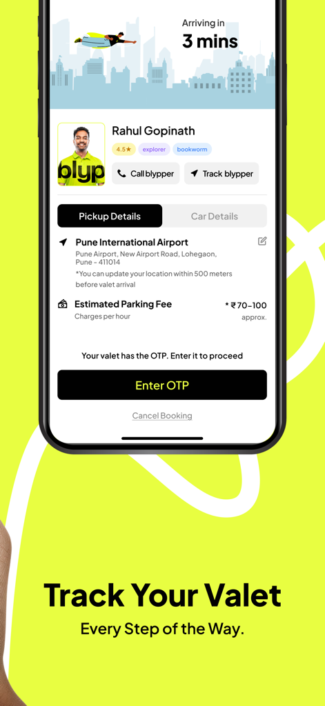 Blyp-App - Blypアプリのインターフェース。リアルタイムのバレーパーキング追跡、ドライバープロフィール、ピックアップの詳細が表示されています。